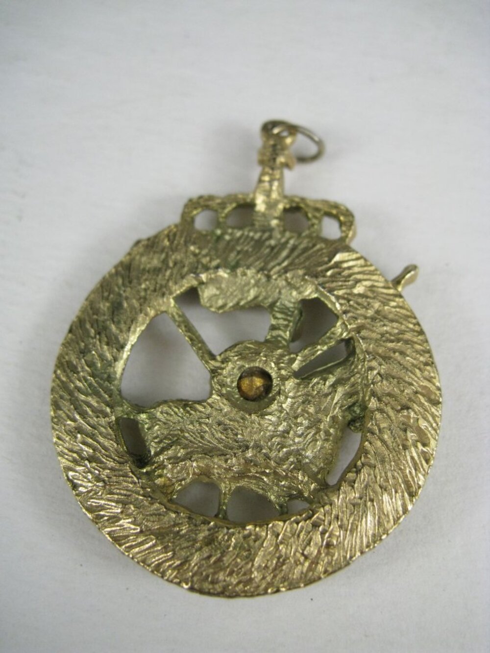 Vintage Gold Tone Metal Horse Swords Crown Blue Plastic Rhinestone Pendant - Picture 5 of 6